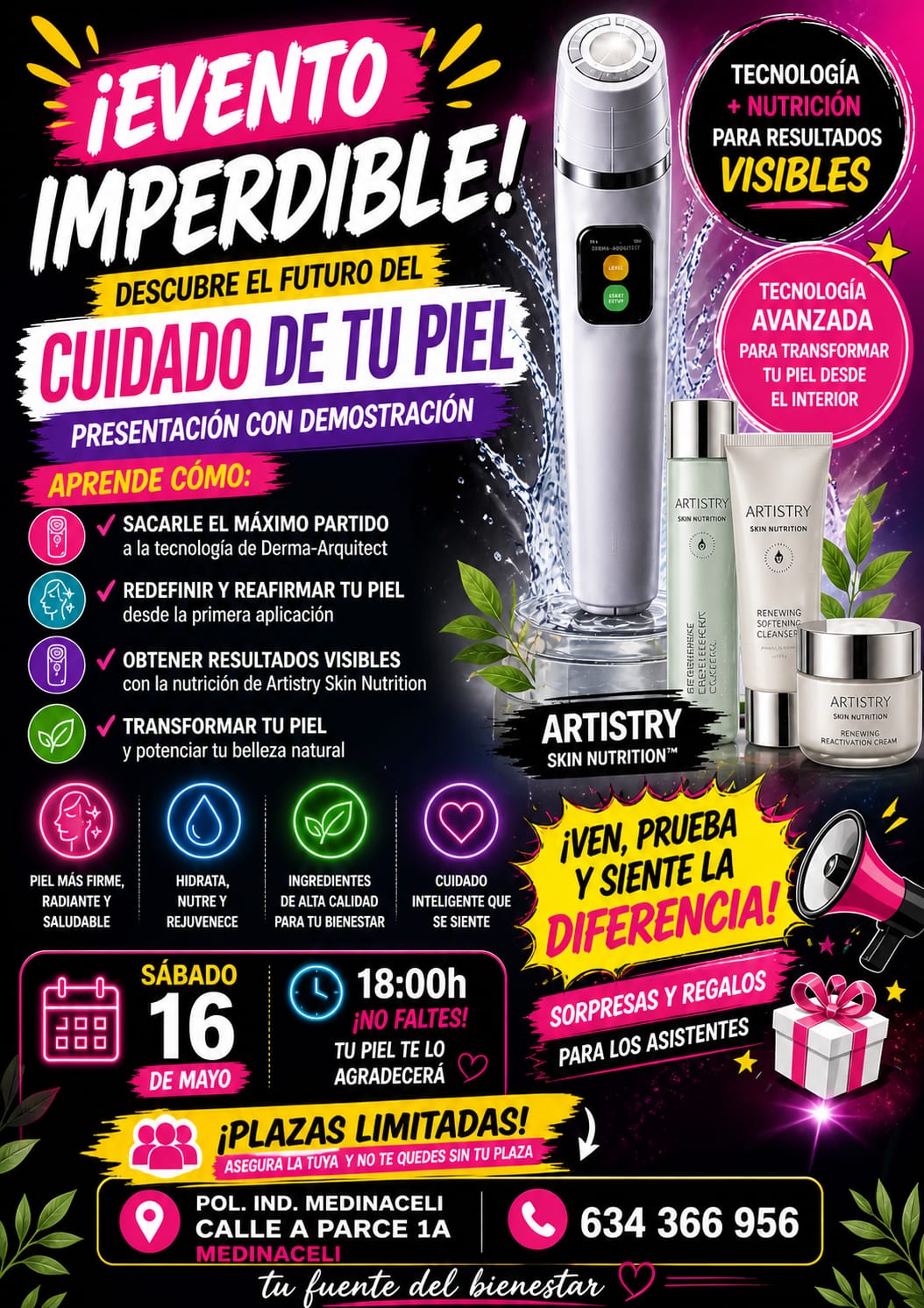 Evento de cuidado avanzado de la piel en Medinaceli con demostración de Derma-Architect y Artistry Skin Nutrition